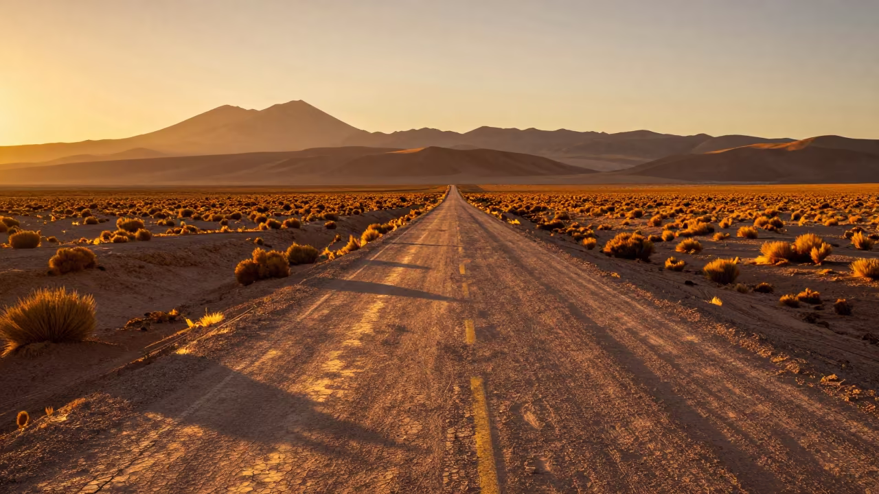 Heat Haze Distorting Chilean Desert Road in across a storm-bright plain in Chile