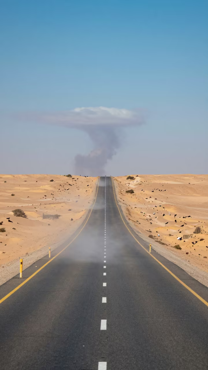 Heat Haze Shimmer Over Libyan Desert Highway in over a horizon of stacked thunderheads in Libya