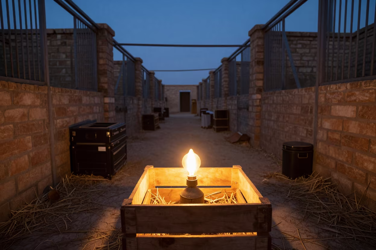 Heat Lamp Over Lambing Crate in Syrian Stable in in a stable aisle in Syria
