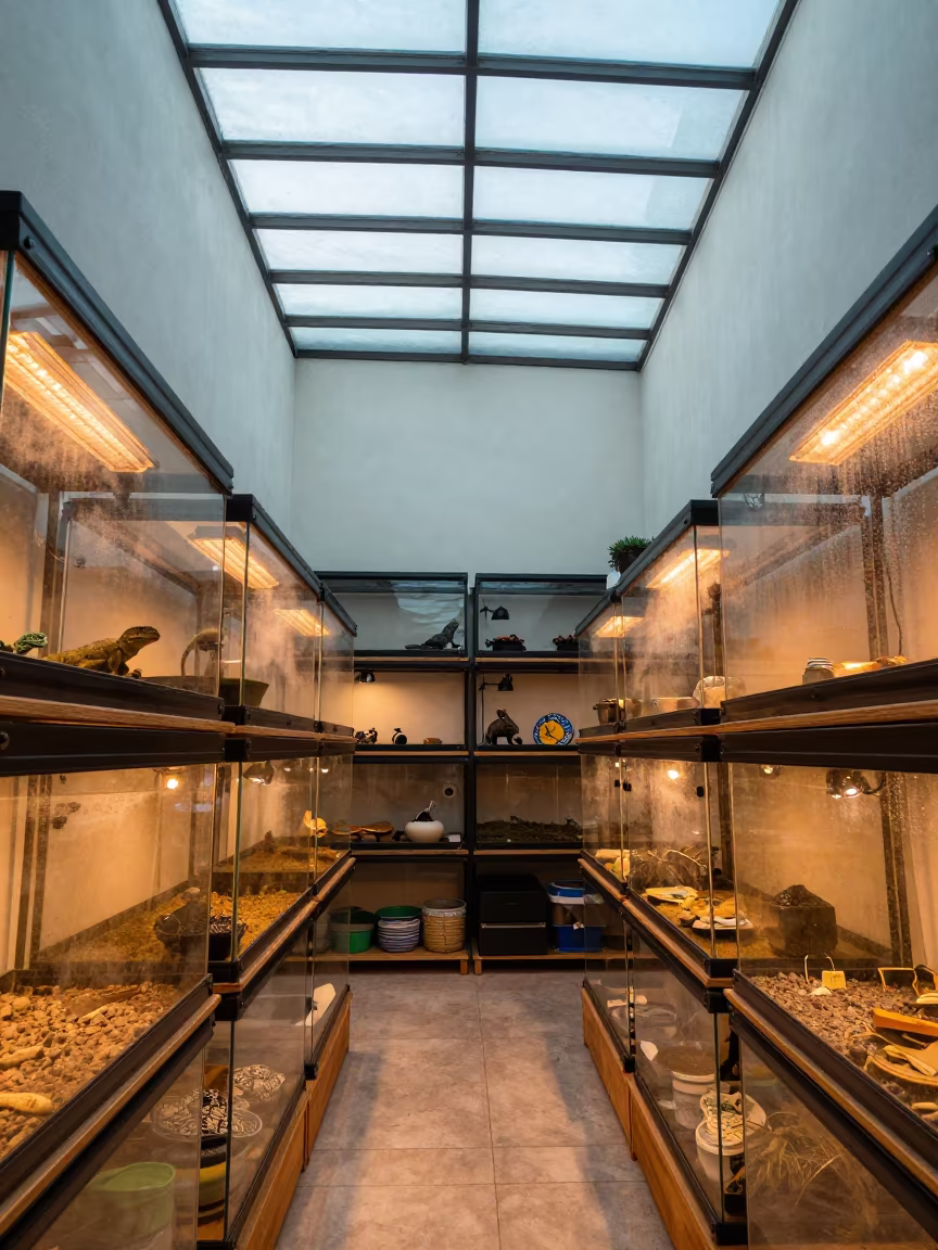 Heat lamps and terrarium mist in Monterrey reptile shop in inside a pet store aisle in Monterrey