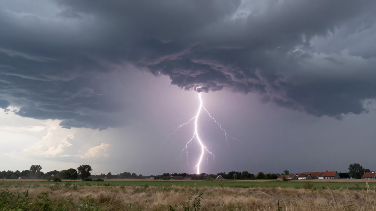 Heat Lightning Over Dutch Thunderheads at Noon in over a horizon of stacked thunderheads in Netherlands