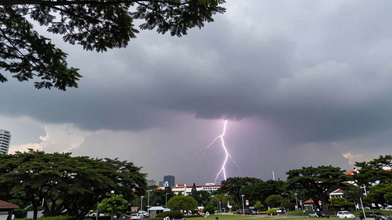 Heat Lightning Over Singapore Thunderheads in over a horizon of stacked thunderheads near Clarke Quay, Singapore