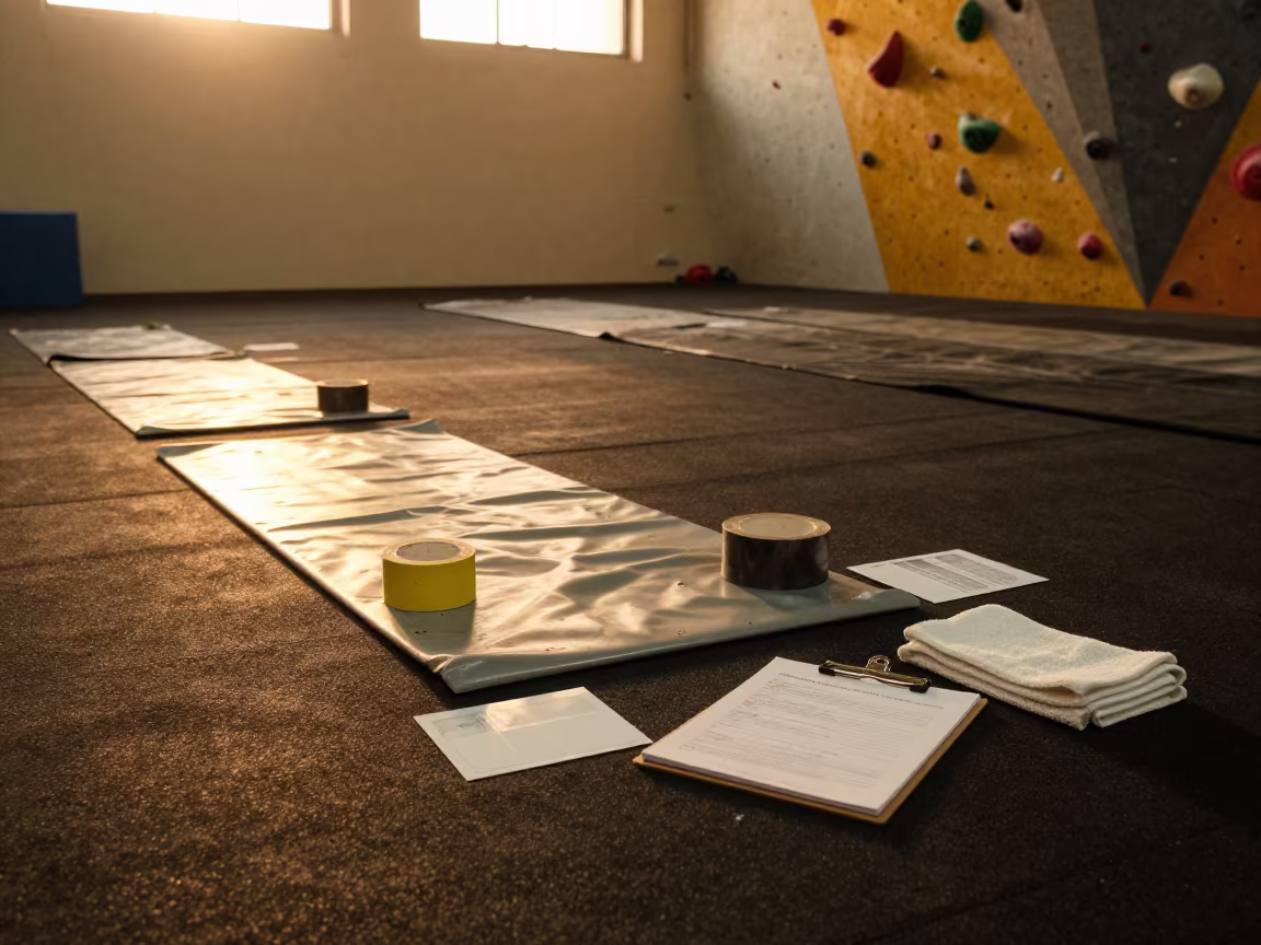 Heat Sheet and Gear in Oujda Climbing Gym in inside a climbing gym warmup zone in Oujda