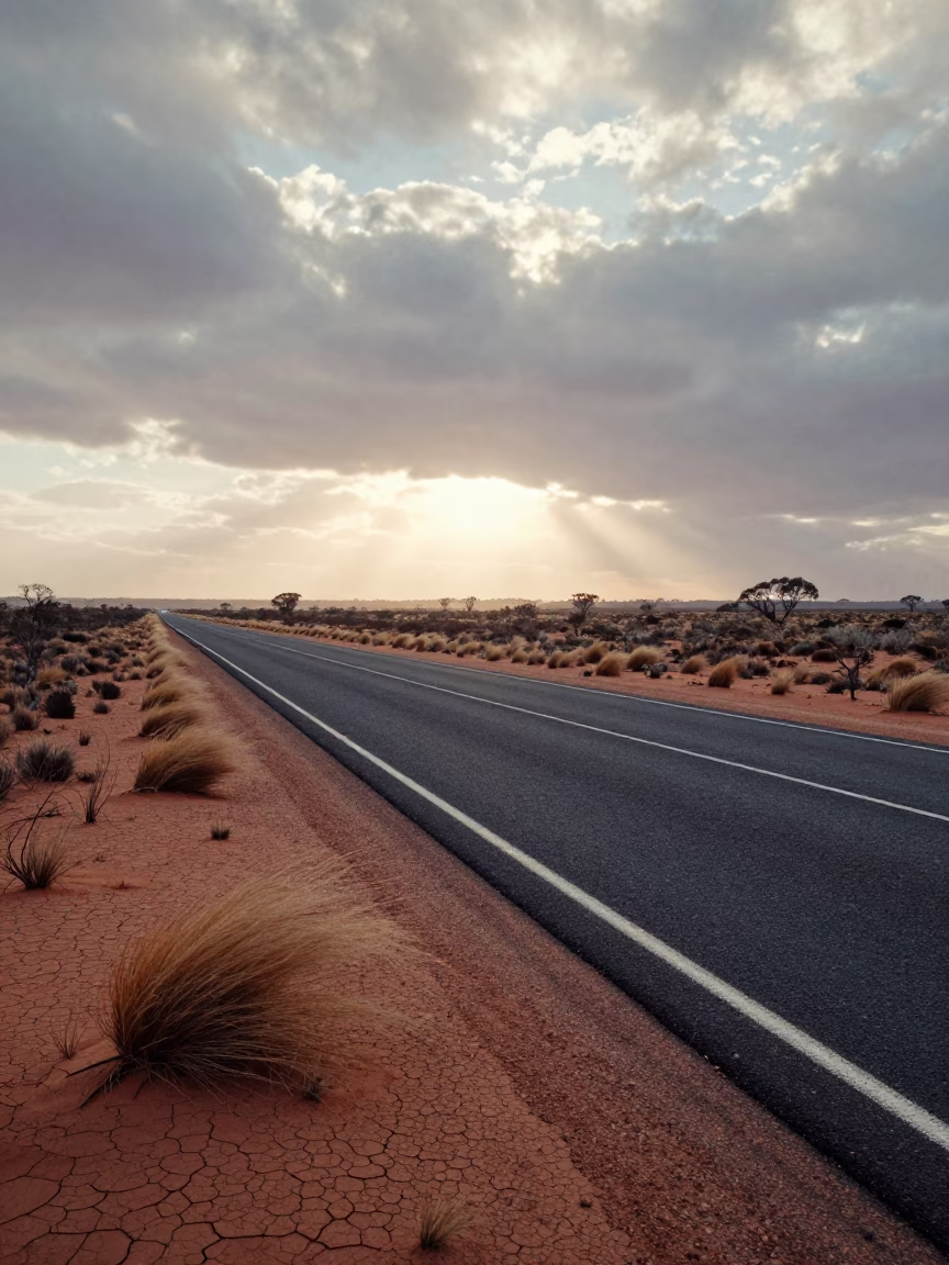 Heat Shimmer Distorting Australian Desert Road in across a storm-bright plain in Australia