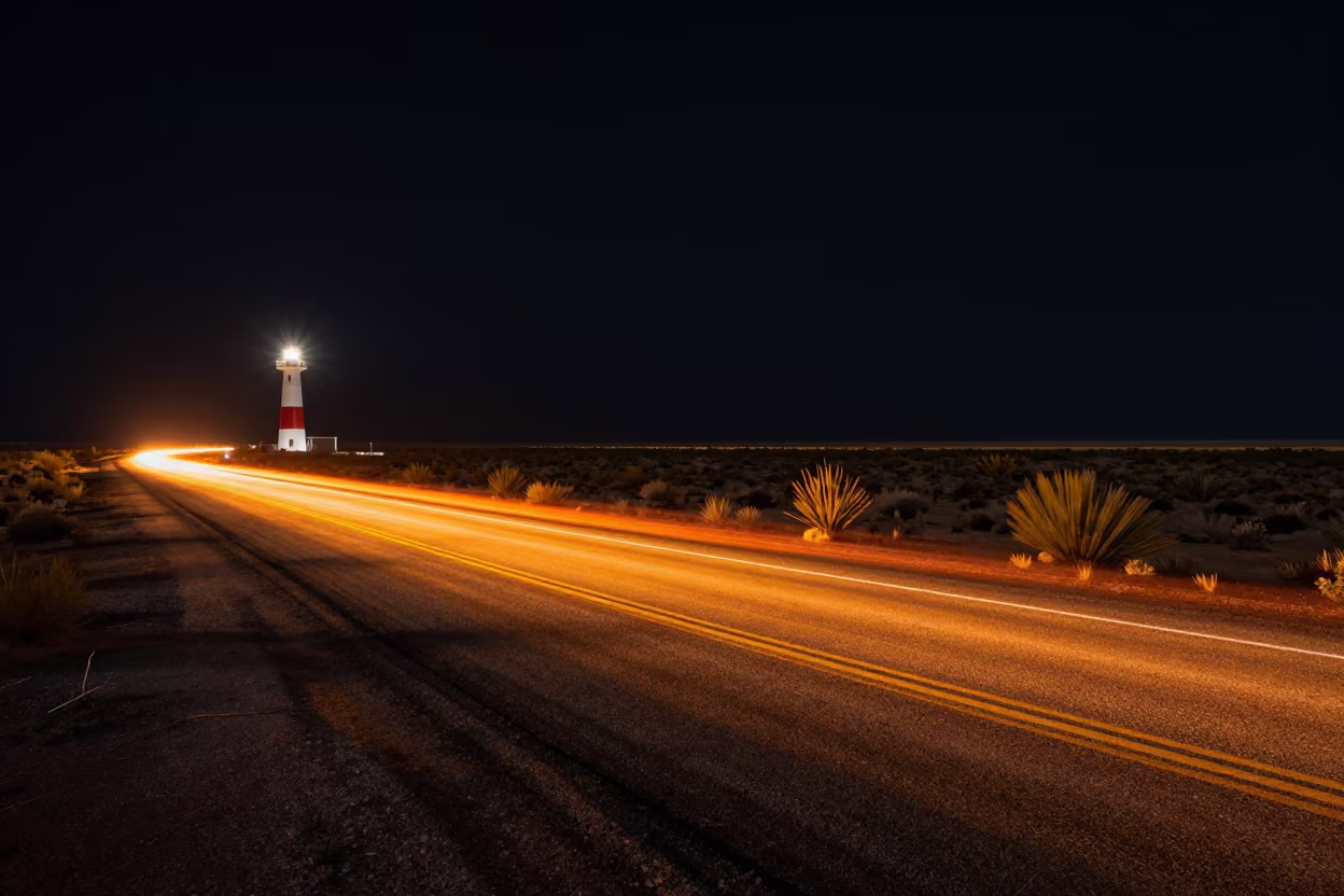 Heat Shimmer on Midnight Desert Road Las Vegas in across a storm-bright plain near Las Vegas