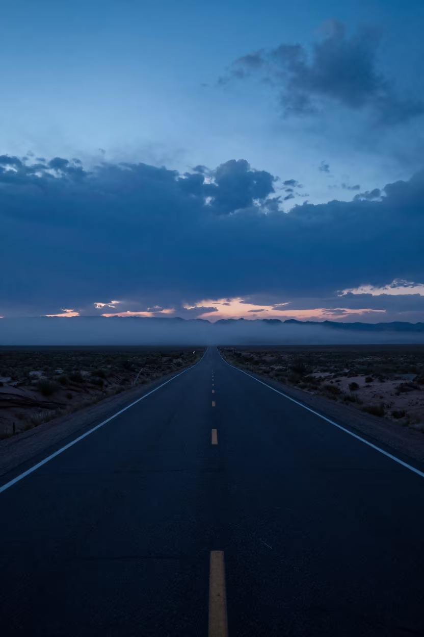 Heat Shimmer on Utah Desert Road at Blue Hour in through low marine fog in Utah