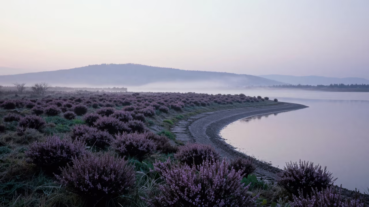 Heather Moor Dawn Haze Guizhou Shoreline in along a wave-cut shoreline in Guizhou