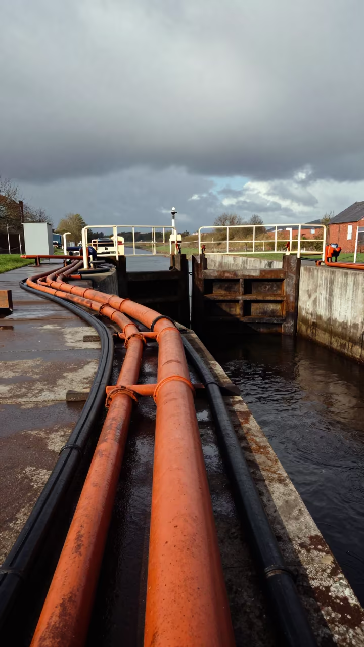 Heating Pipe Along Canal Lock Northern Ireland in at a canal lock chamber in Northern Ireland
