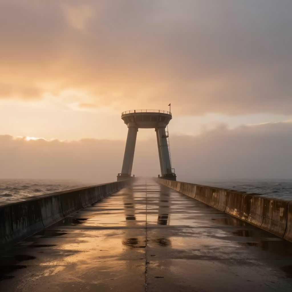 Heating Pipe Support Vanishing Into Fog at Sunset in beside a storm surge barrier in South Australia