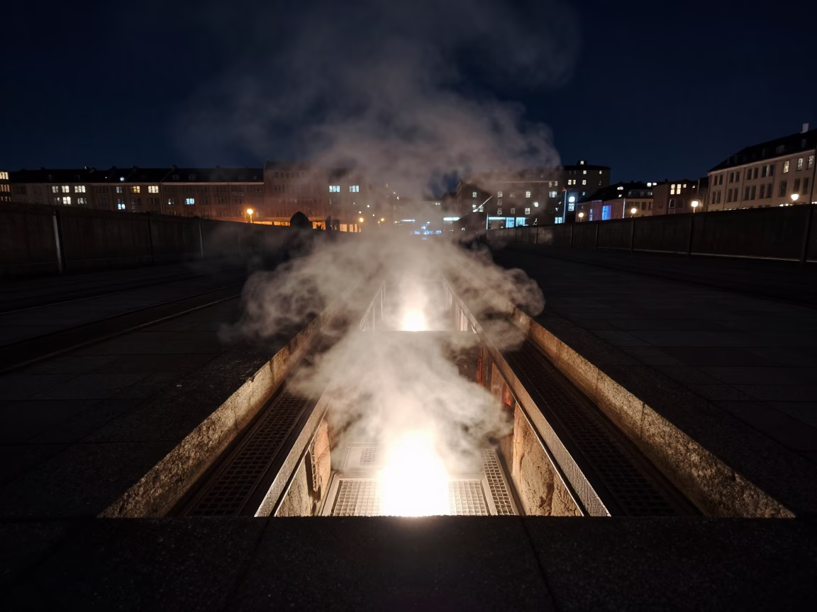 Heating Trench in Copenhagen at The Deepest Night Sky Light in in Copenhagen, Denmark