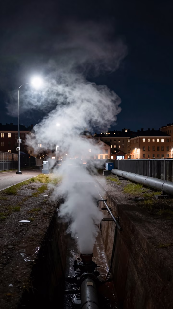 Heating Trench in Stockholm at The Deepest Night Sky Light in in Stockholm, Sweden