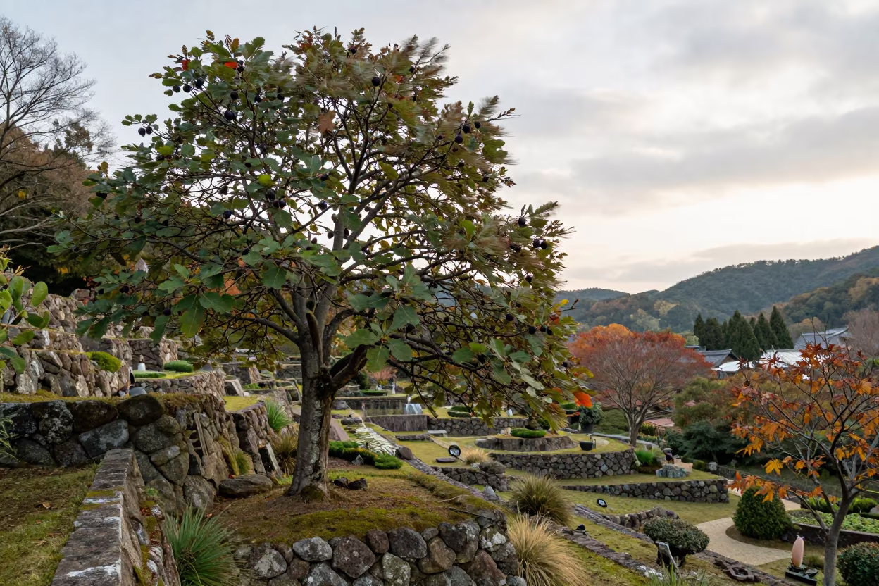 Heavy Fig Tree in Japanese Terraced Garden in among terraced garden plots in Japan