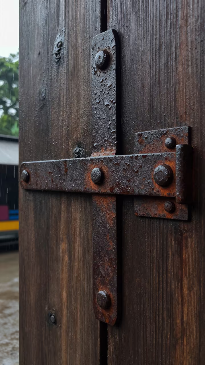 Heavy Iron Hinge on Weathered Plank in Dhaka Rain in near Dhanmondi, Dhaka