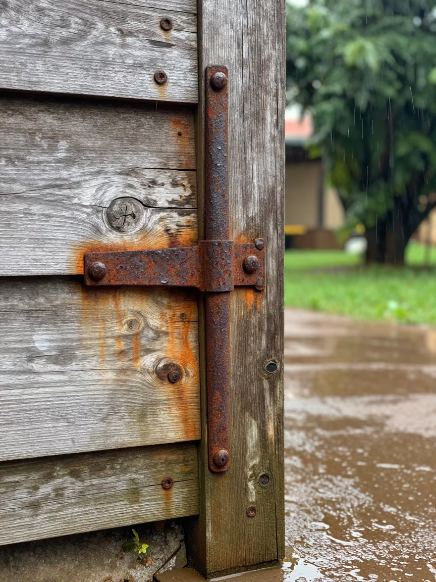 Heavy Iron Hinge on Weathered Plank in Kigali Rain in in Kigali