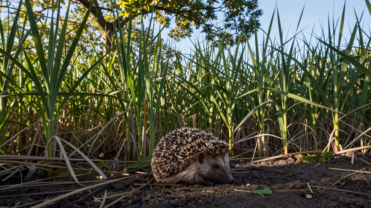 Hedgehog Curled Amid Reed Bed Dappled Light in at the edge of a reed bed near Gold Coast