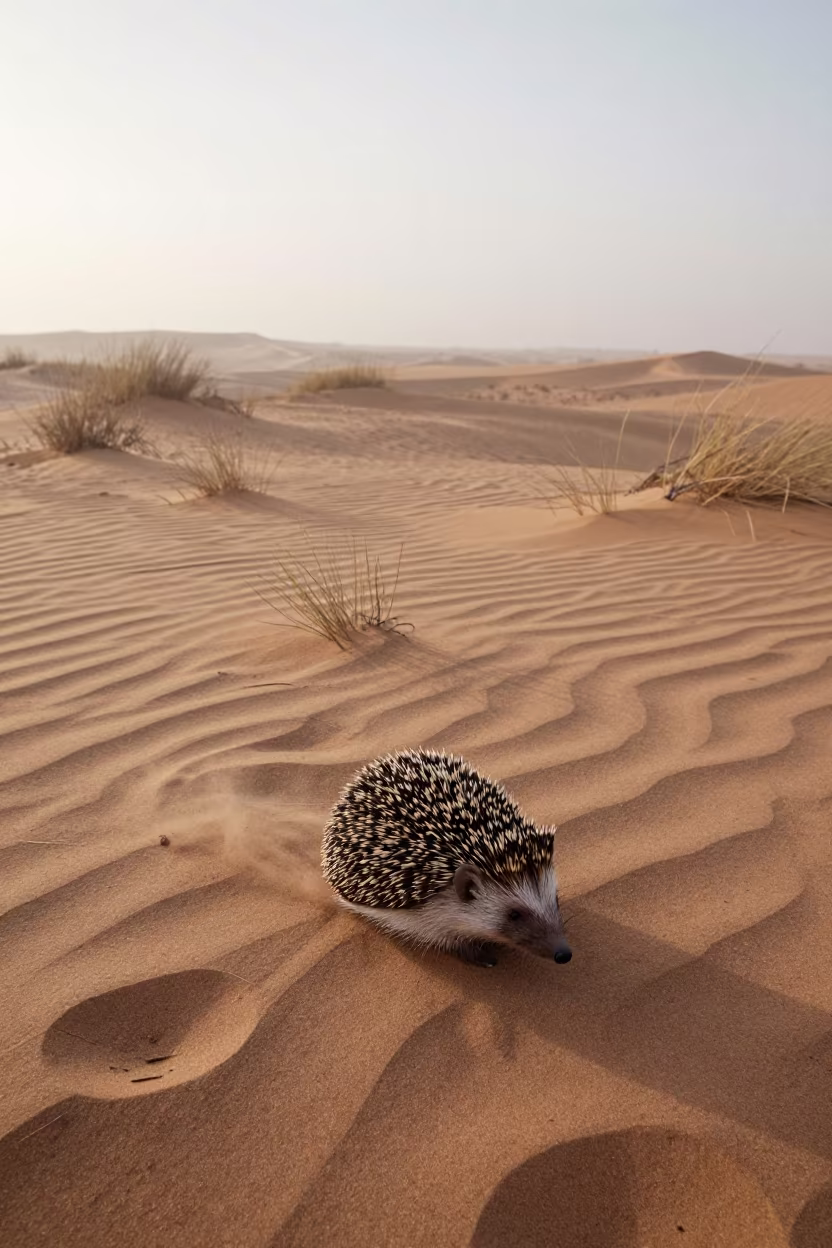 Hedgehog Curled on Sahara Game Trail at Dawn in along a game trail in the Sahara
