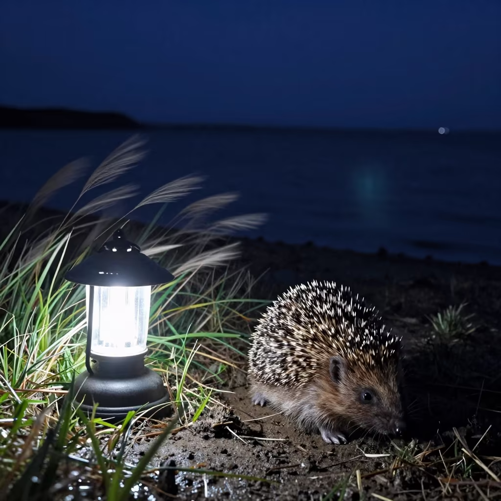 Hedgehog Foraging Under Garden Light at Midnight in beside a tidal inlet near Bhiwandi