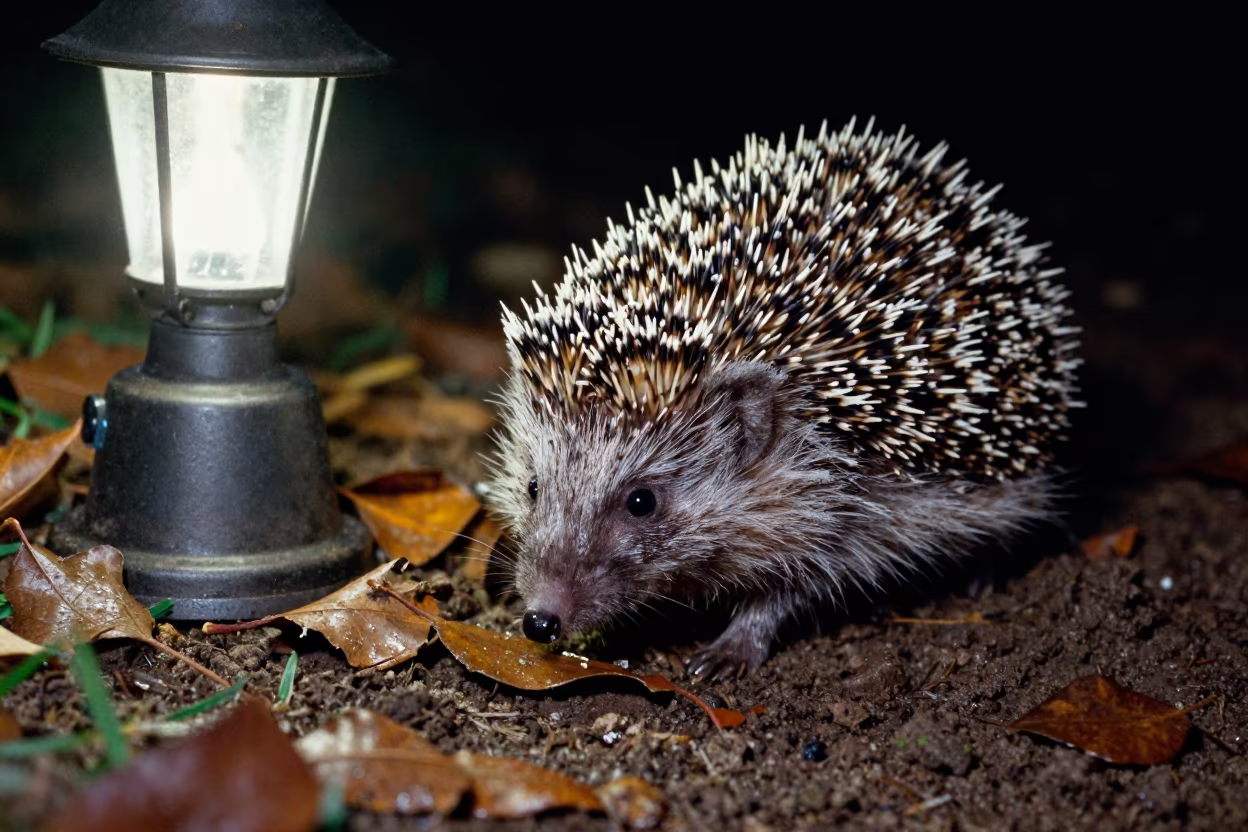 Hedgehog Foraging Under Garden Light at Night in along a game trail in Jharkhand