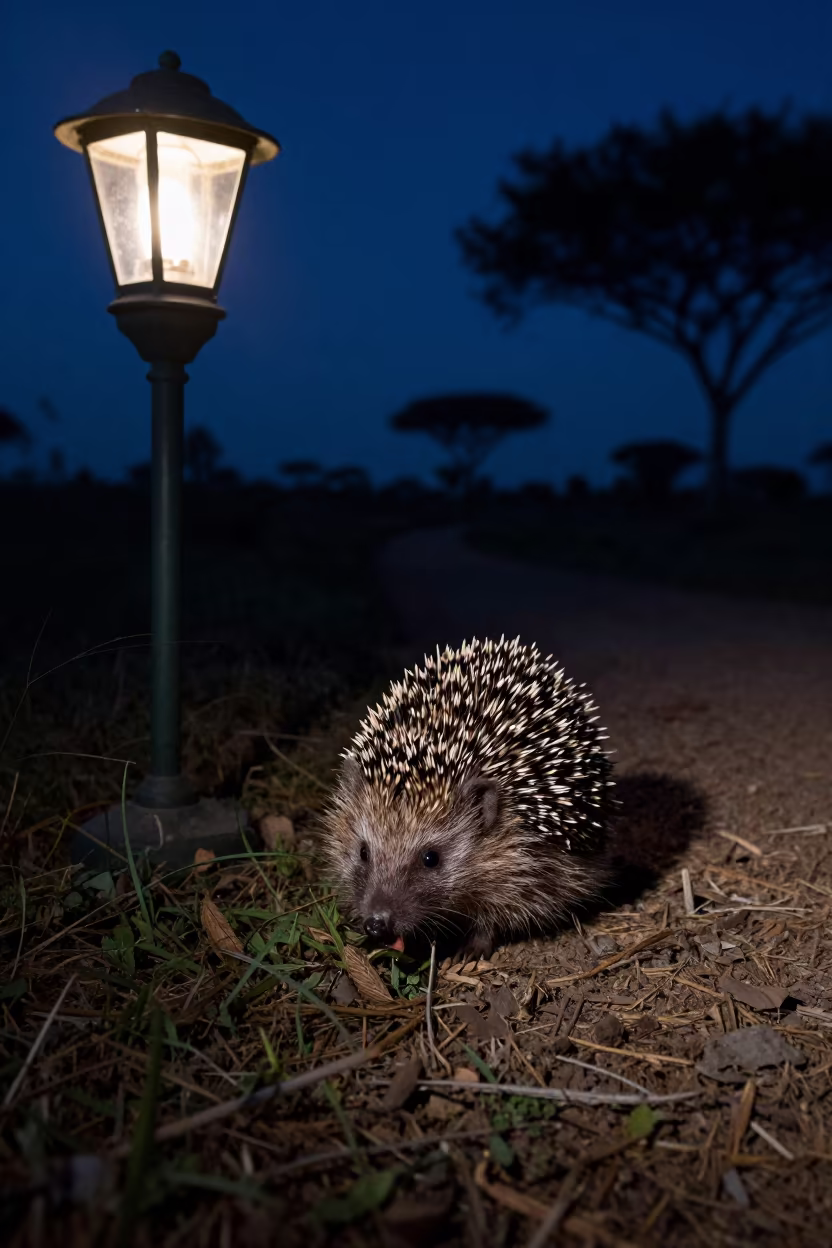 Hedgehog Foraging Under Garden Light Uganda Night in along a game trail in Uganda