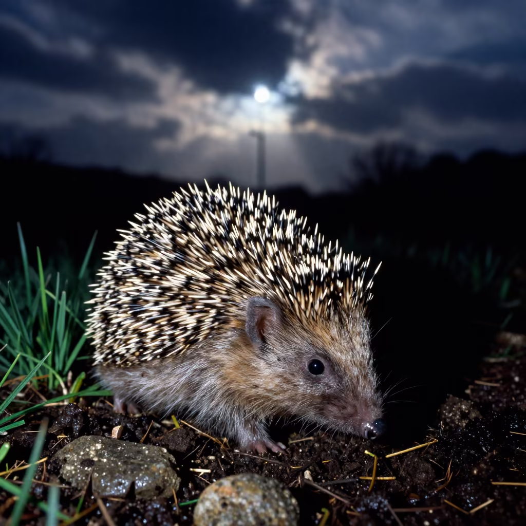 Hedgehog Foraging Under Garden Light in near Nanjing