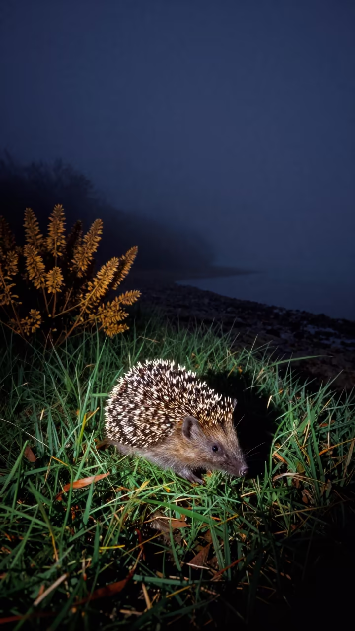 Hedgehog Foraging in Misty Night Light in beside a tidal inlet near Lucerne