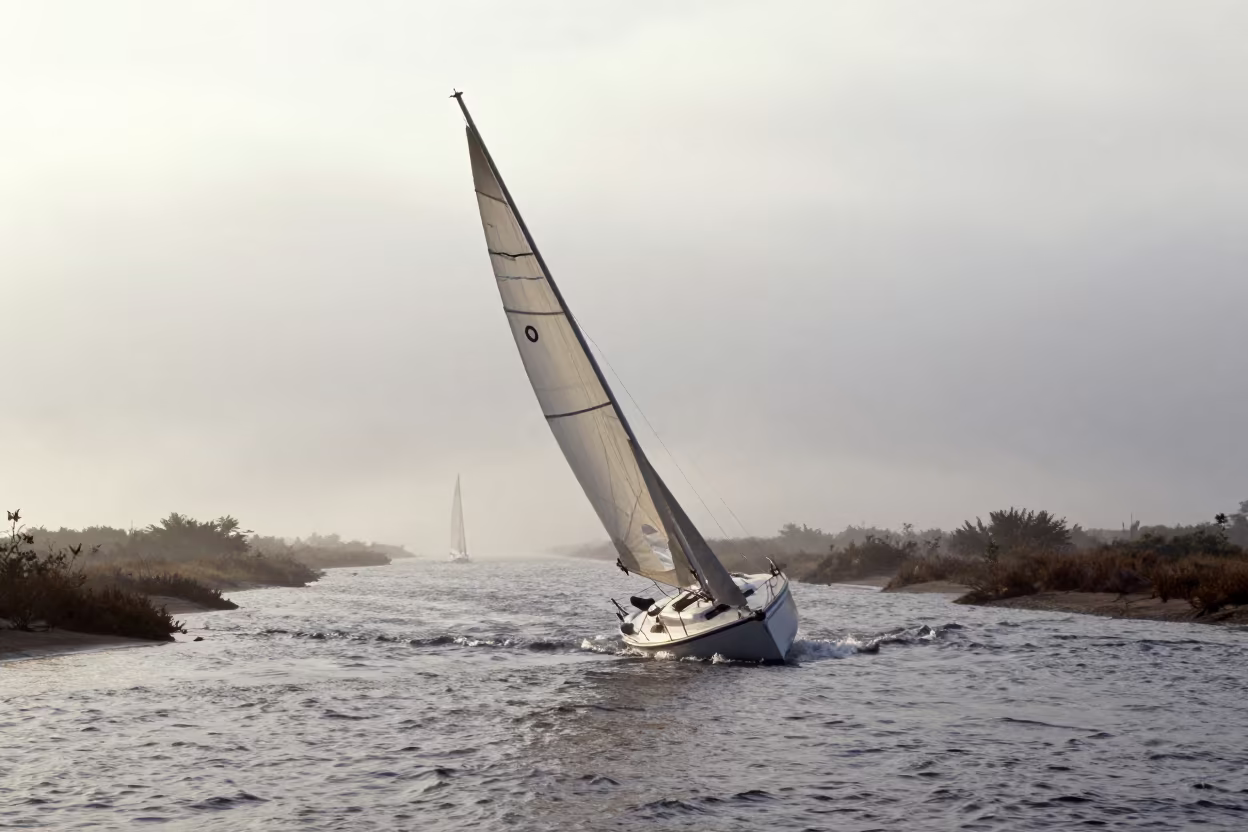 Heeled Sailboat on Suriname Causeway in Late Afternoon in on a wind-open causeway in Suriname
