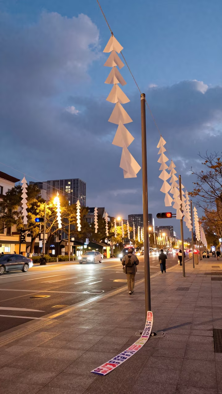 Hefei Tanabata Festival Streamers Against City Lights in at a public square during a festival in Hefei
