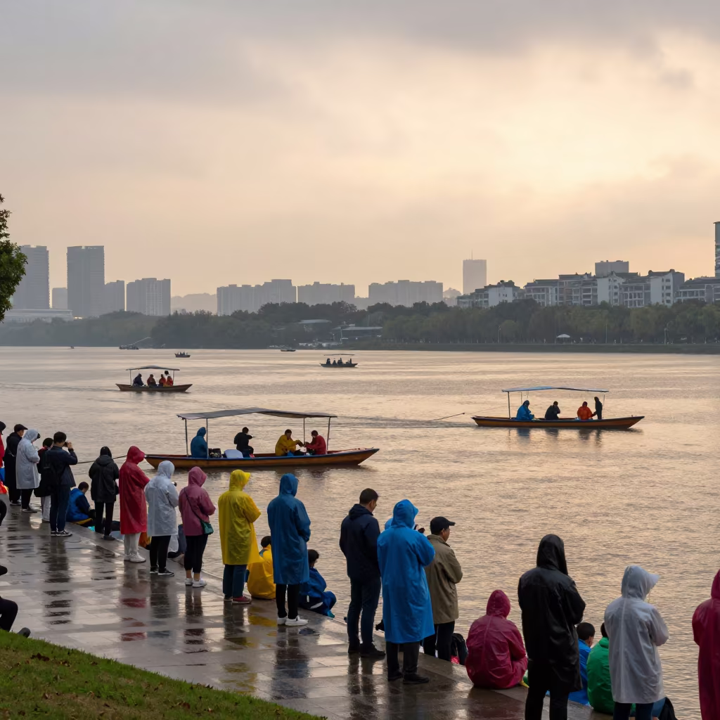 Hefei Waterfront Evening Celebration with Drizzle in at a waterfront celebration in Hefei