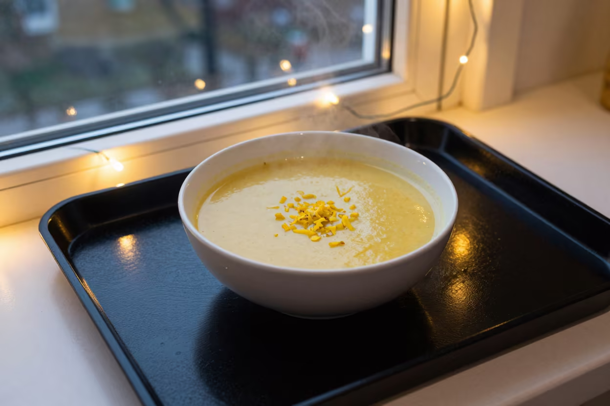 Heidelberg Avgolemono Soup Bowl Winter Evening in on a lacquered tray in Heidelberg