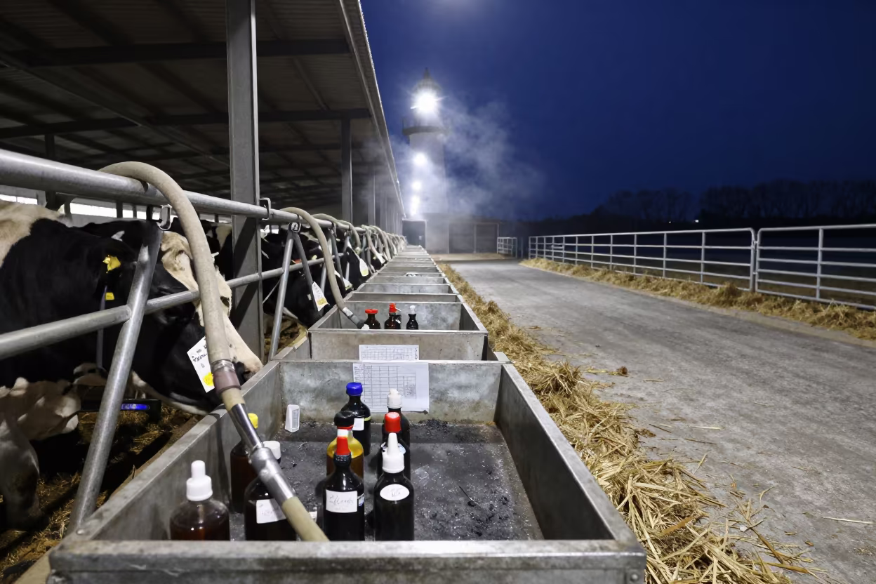 Heifer Breeding Chart Under Night Barn Light in along a feedlot lane in Kansai