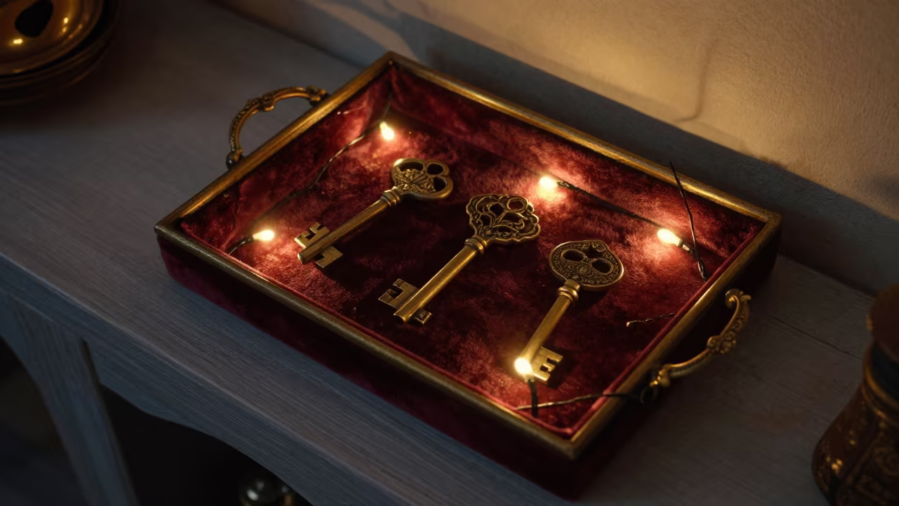Heirloom Key on Jewel Tray Under Amber Light in on a painted display ledge near Ordu