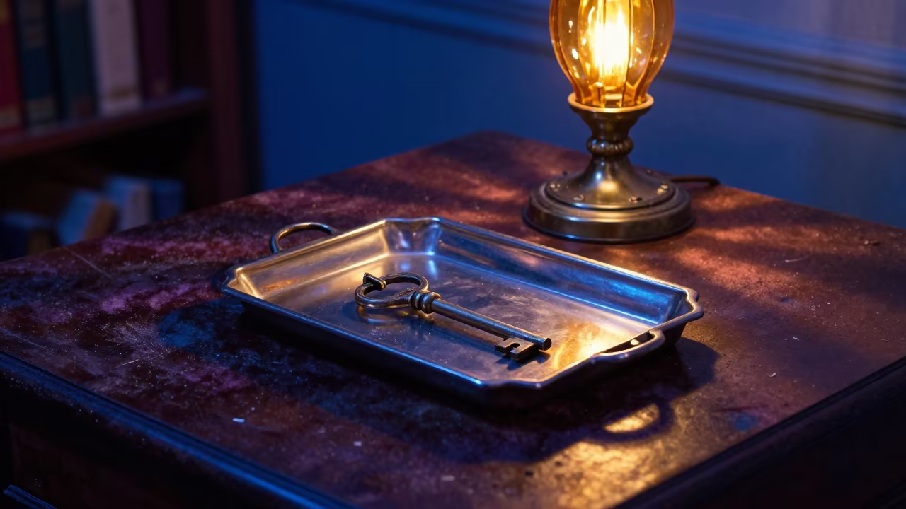 Heirloom Key on Velvet Jewel Tray in Twilight in on a dusty library table near San-Pédro
