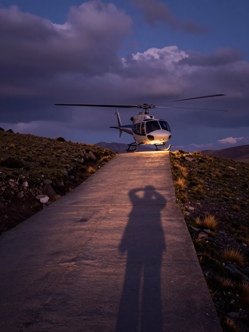 Helicopter Crossing Alpine Saddle Haze in on a wind-open causeway in Bolivia