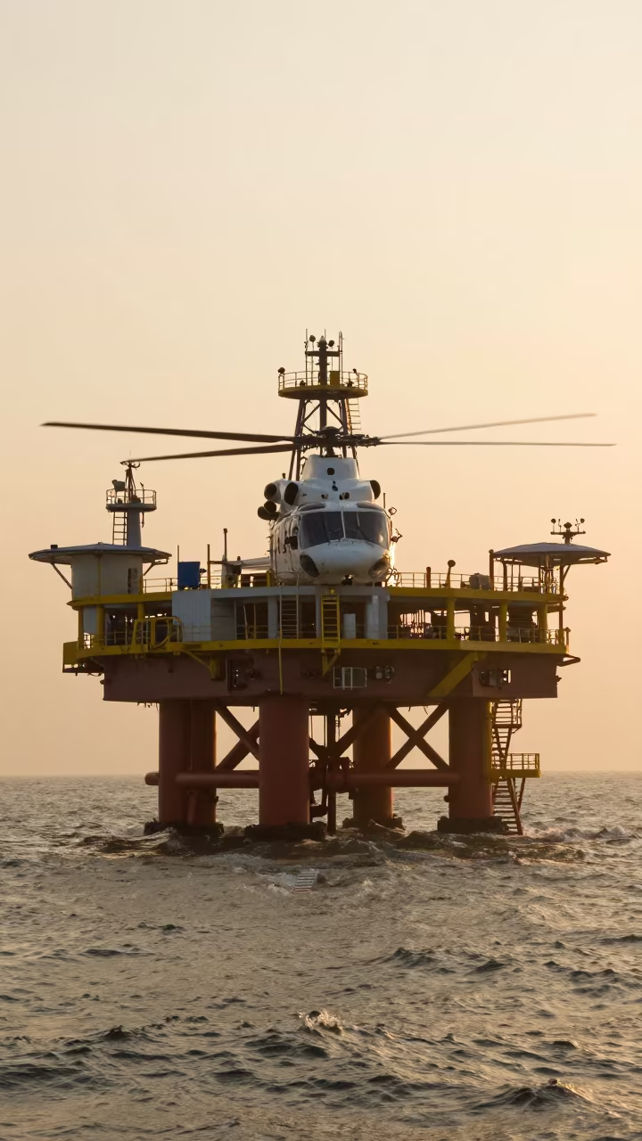 Helicopter Approaches Offshore Platform at Golden Hour in in Gujarat
