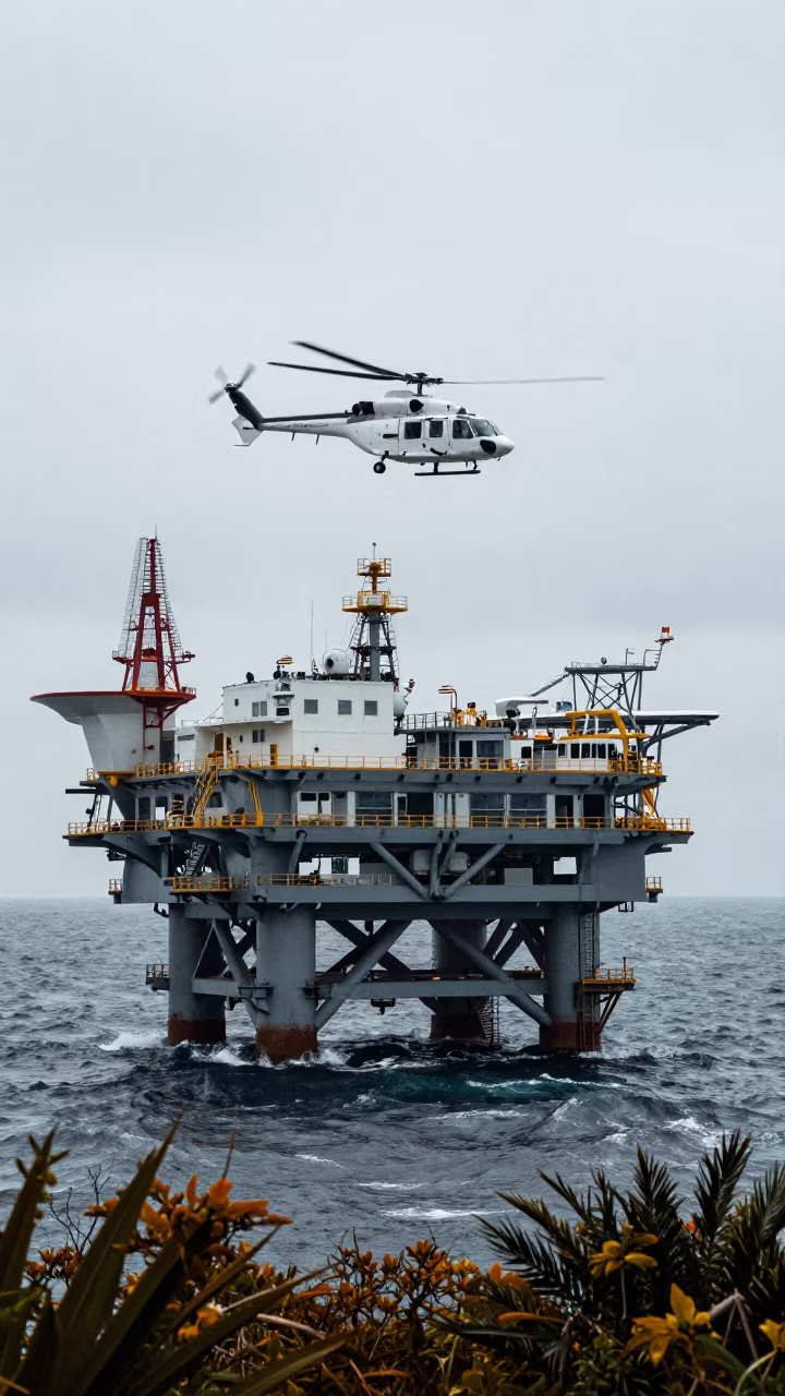 Helicopter Approaches Offshore Platform Noon in along a switchback approach near Patan