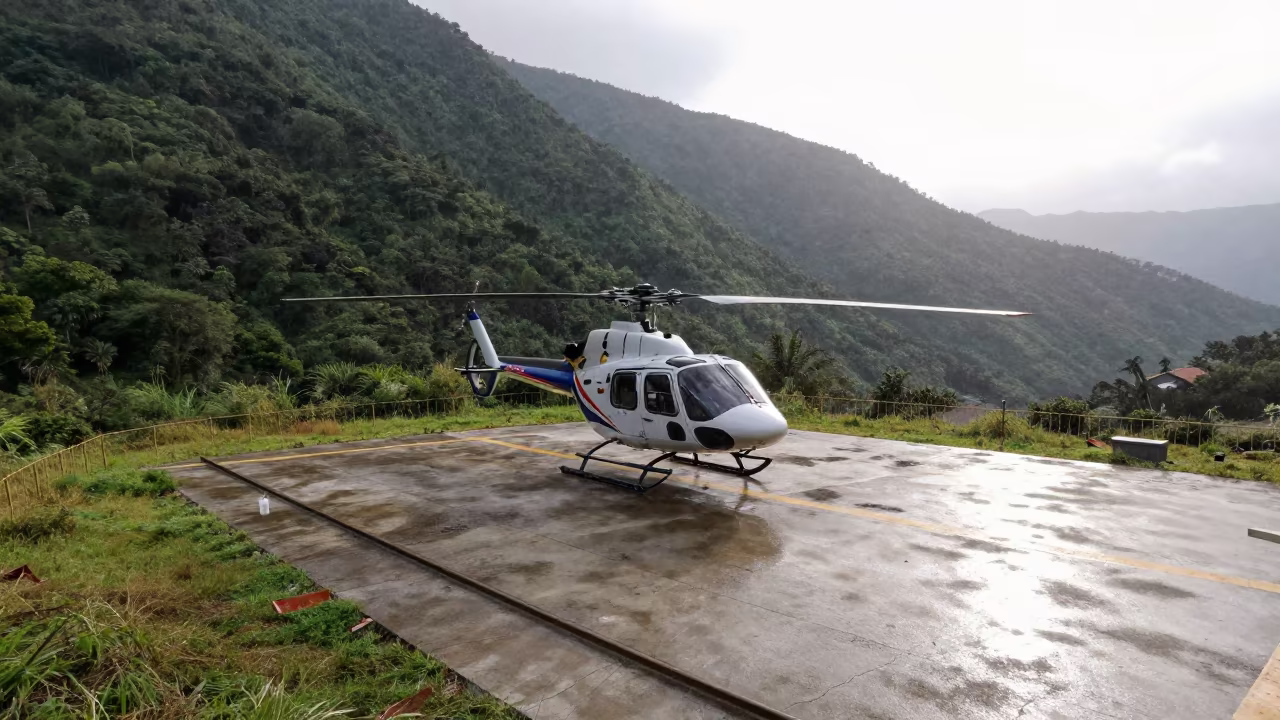 Helicopter Approaches Rescue Helipad After Rain in at a wind-scoured rescue helipad in Villa Canales