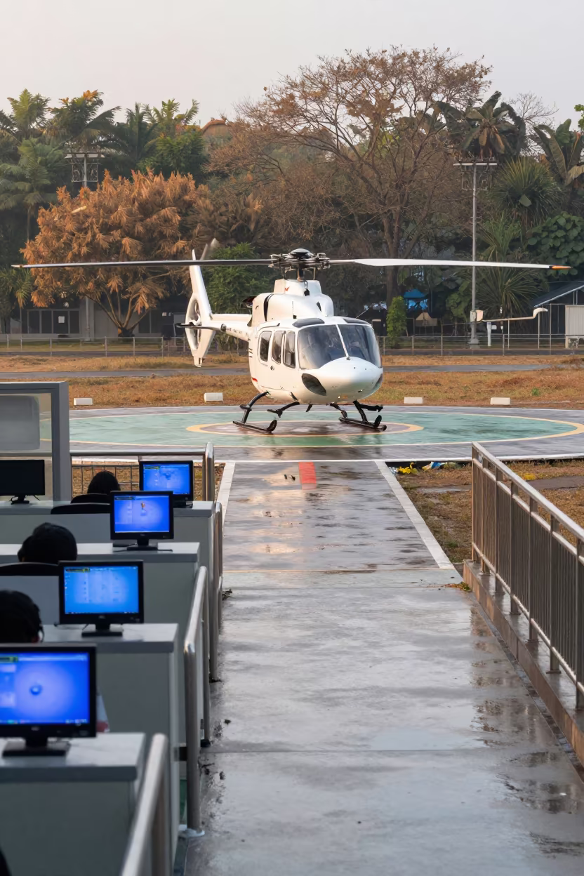Helicopter Approaches Trauma Wing Helipad in outside a trauma wing helipad gate near Bandar Lampung