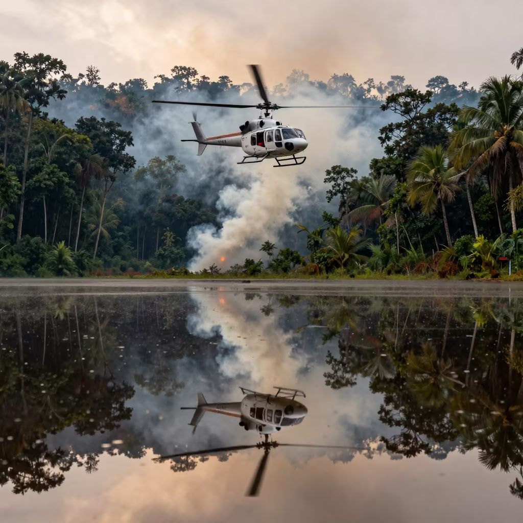 Helicopter Circling Borneo Fire Reflected Water in in Borneo