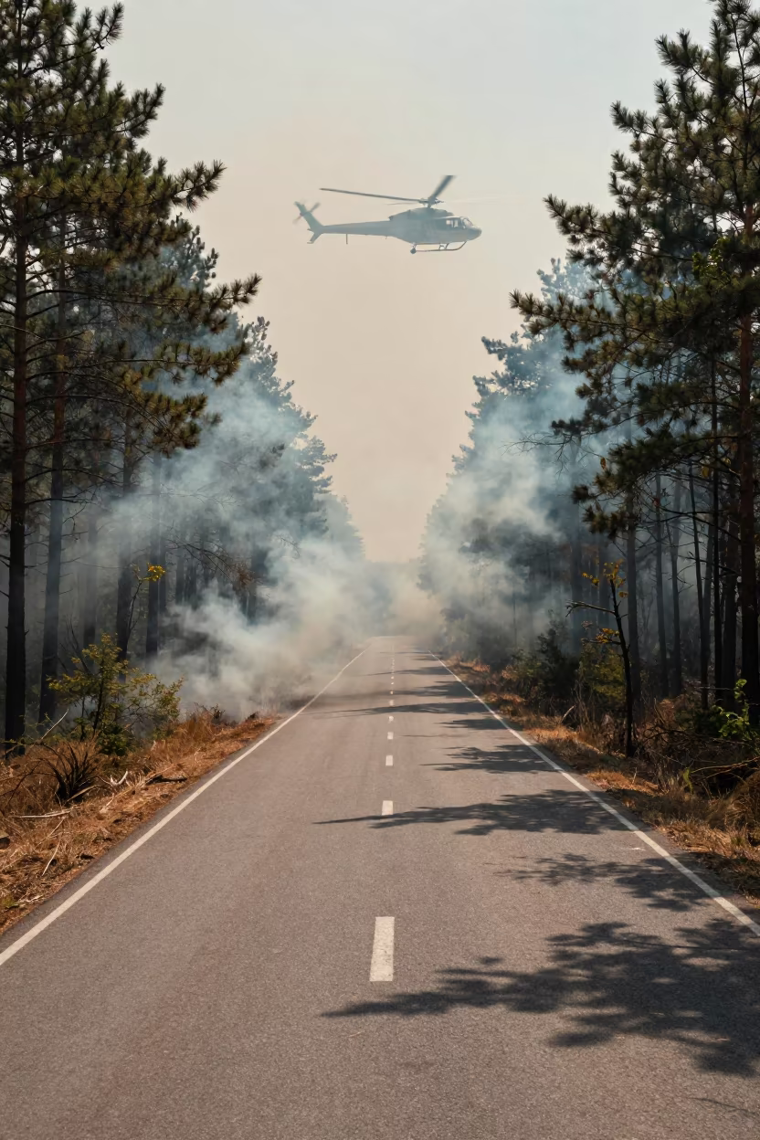 Helicopter Circling Forest Fire Harbin Noon in along a switchback approach near Harbin