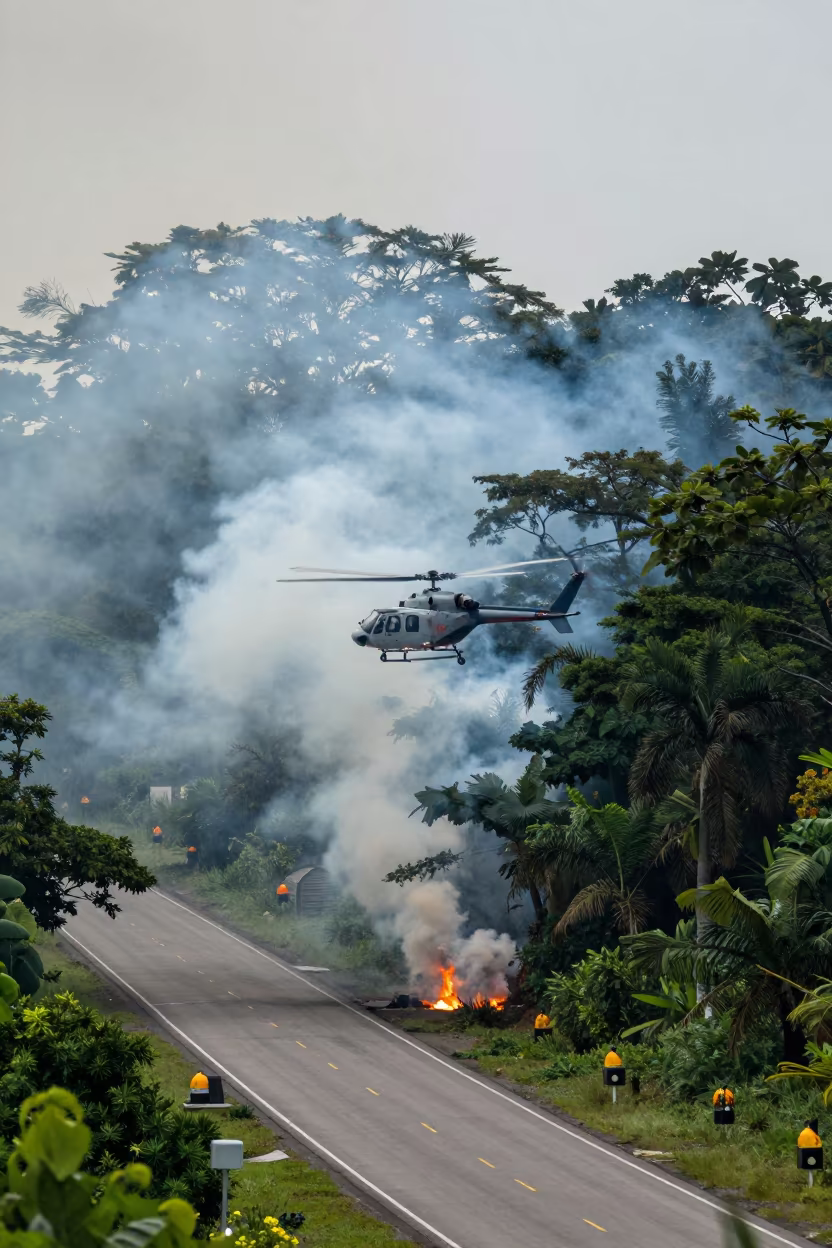 Helicopter Circling Over Forest Fire Singapore Causeway in on a wind-open causeway in Singapore