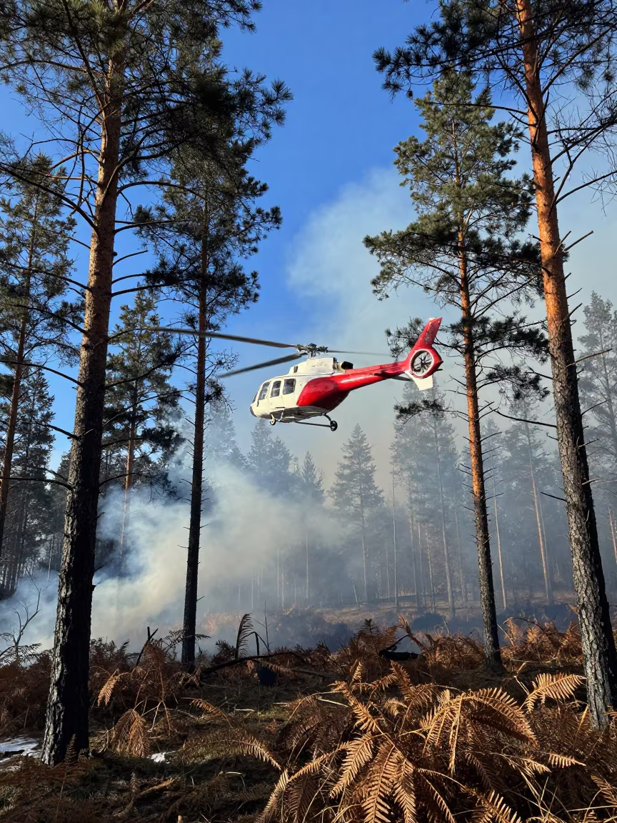 Helicopter Circling Over Winter Forest Fire Scotland in in Scotland