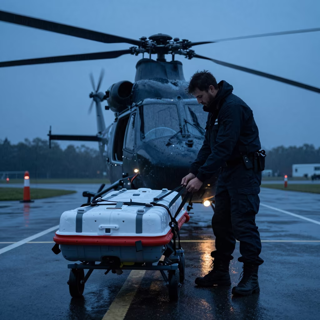Helicopter Crew Chief Checking Straps at Twilight in at a checkpoint lane near Maastricht