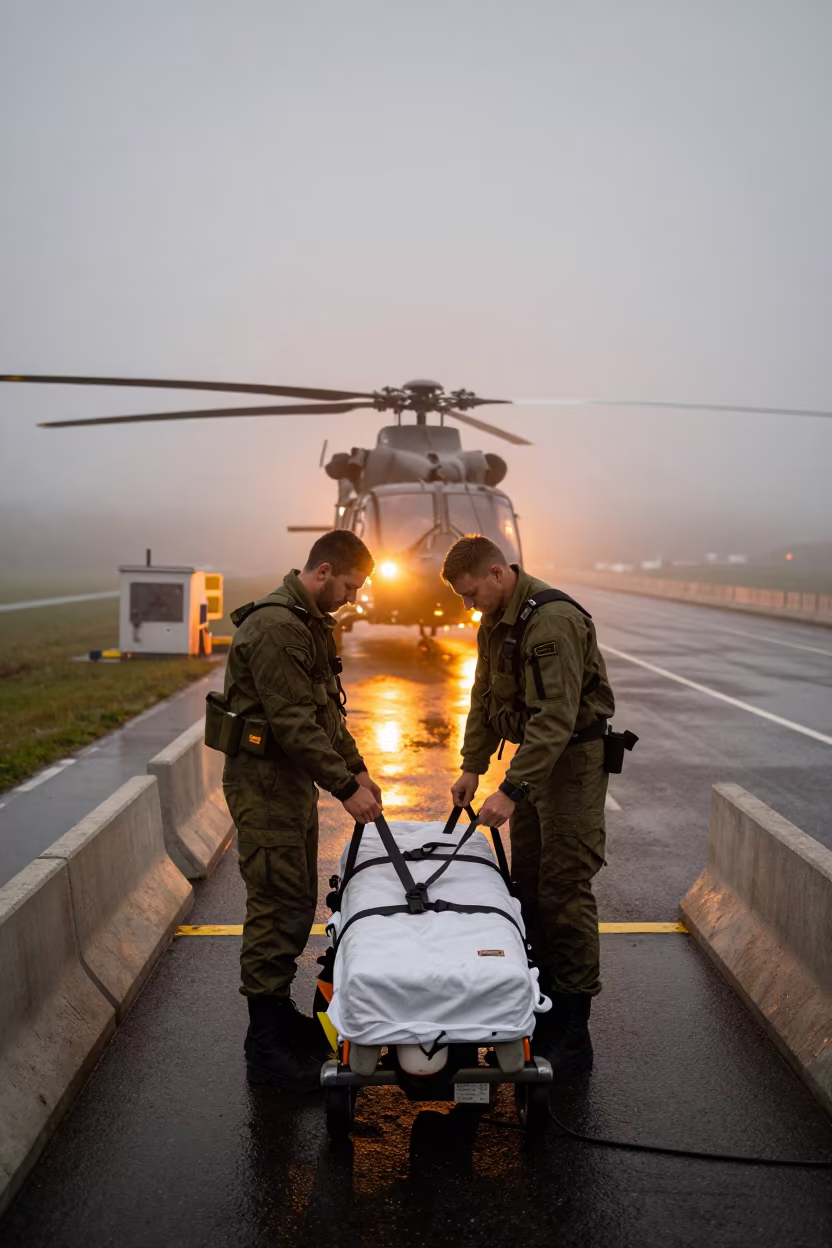 Helicopter Crew Chief Checks Medevac Straps at Belgian Checkpoint in at a checkpoint lane in Belgium