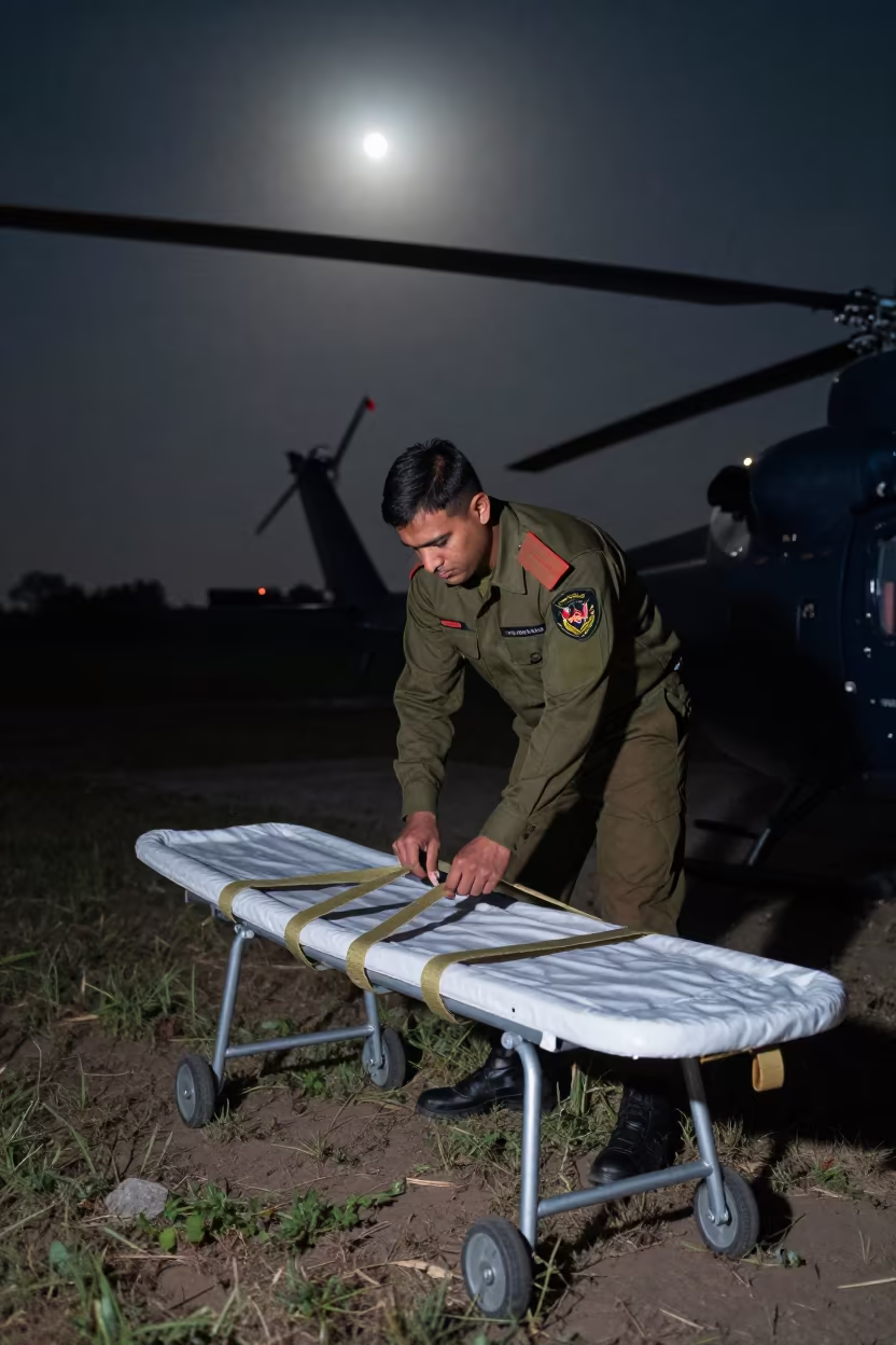 Helicopter Crew Chief Secures Medevac Litter Straps in beside a convoy halt on open ground in Haryana