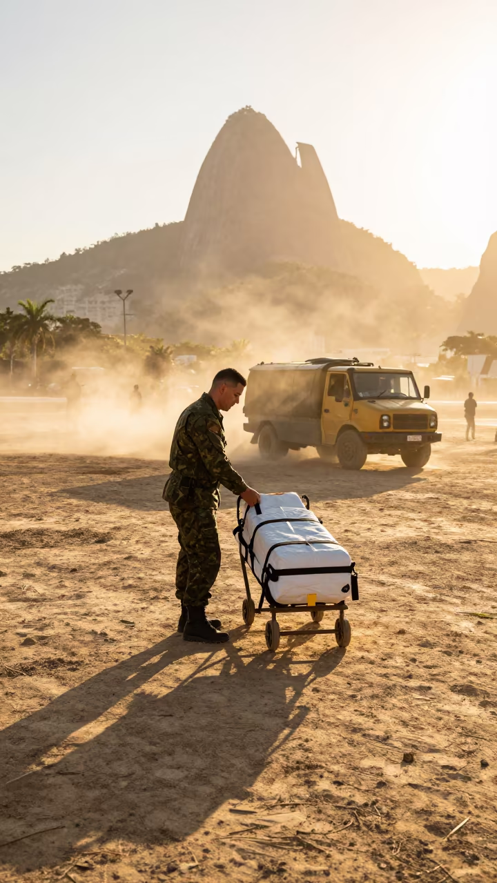Helicopter Crew Chief Secures Medevac Straps in beside a convoy halt on open ground in Rio de Janeiro state
