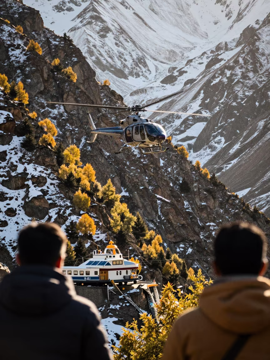Helicopter Crosses Alpine Saddle in Tibetan Haze in across a remote ferry crossing in Tibet