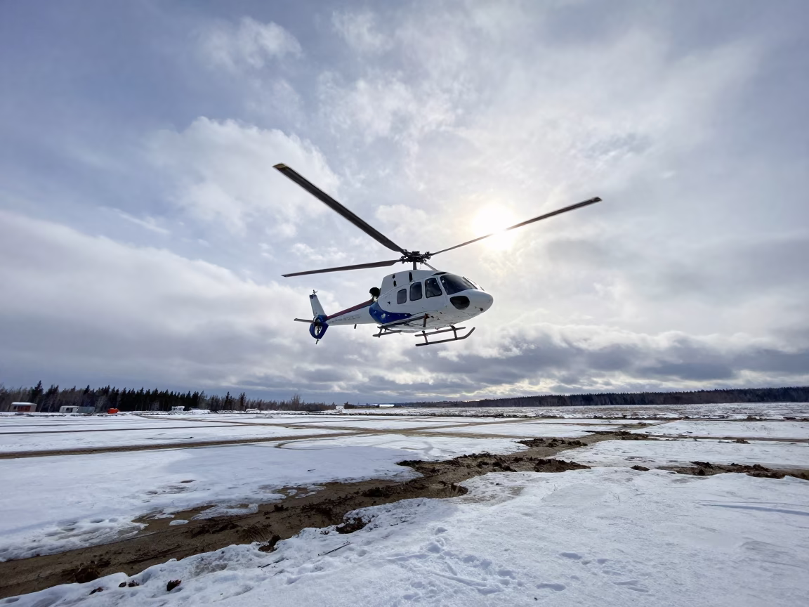 Helicopter Crosses Marsh Causeway Under Stacked Clouds in across a remote ferry crossing near Yellowknife