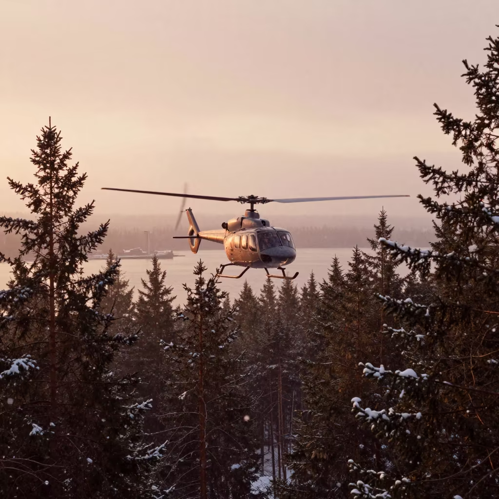 Helicopter Crosses Pine Forest in Copper Arctic Light in beside a fogbound harbor mouth in Russia