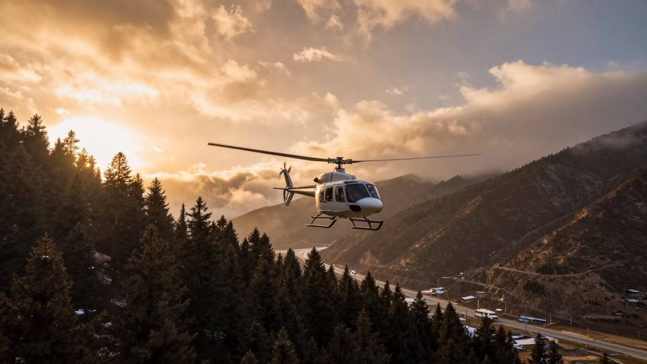 Helicopter Crosses Pine Forest at Golden Hour in across a remote ferry crossing in Tibet