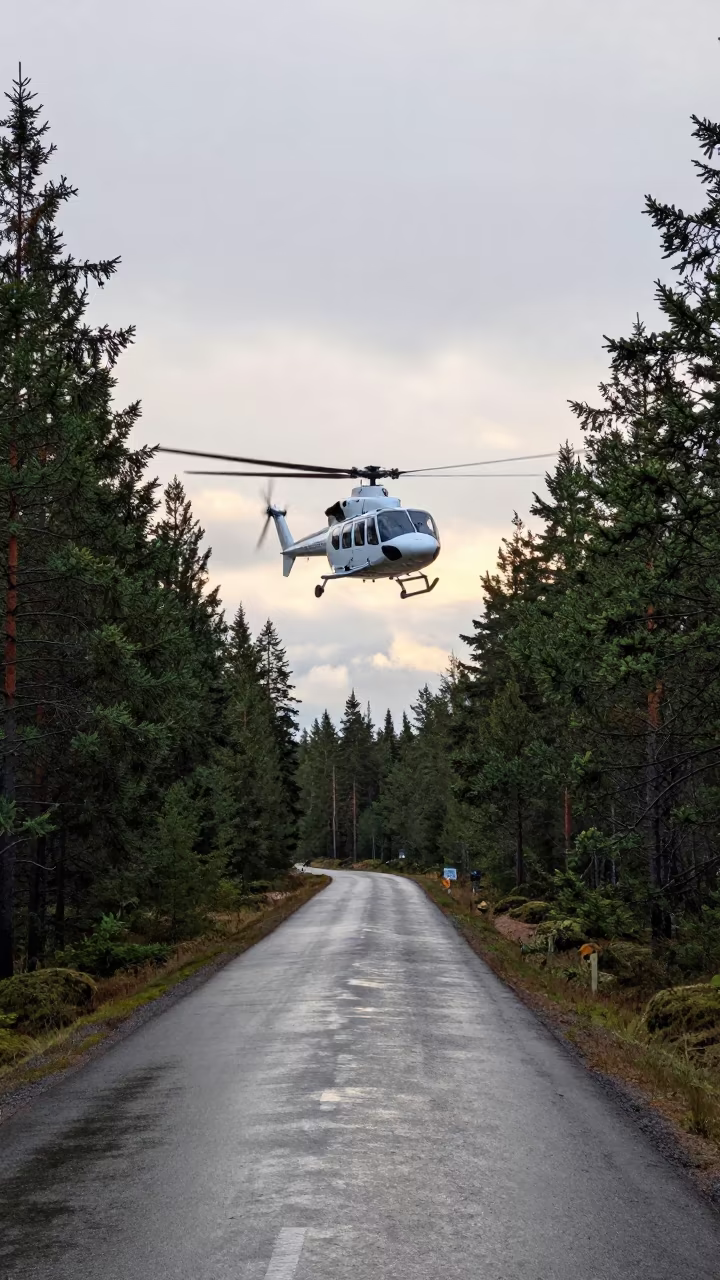 Helicopter Crossing Lapland Pine Forest Causeway in on a wind-open causeway in Lapland